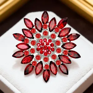 Exquisite red crystal flower brooch, luxury silver tone lapel pin accessory for blazer