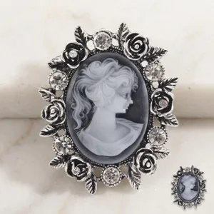 Spilla Cameo Vintage con Strass Fiore Cristallo Tono Argento Stile Retro Corte Donna
