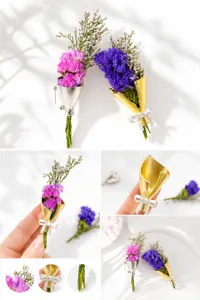 Closeup details of creative metal flower bouquet brooch featuring delicate dried floral arrangement.
