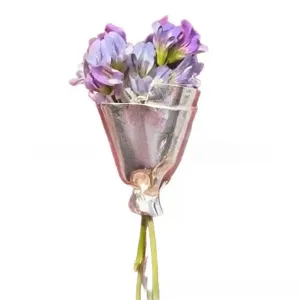 Exquisite bouquet brooch with metallic wrap and purple flowers, unique design jewelry.