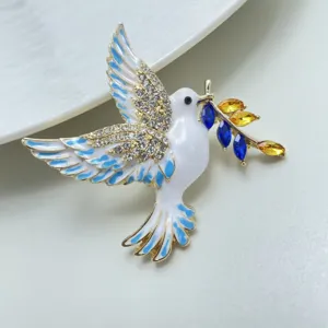 Elegant Alloy Enamel Peace Dove Brooch Rhinestone Inlaid Crystal Olive Branch Corsage Pins Fashion Wedding Banquet Dress Brooches Jewelry Accessories