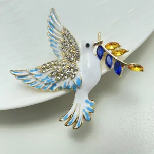 Elegant alloy enamel dove brooch with sparkling rhinestones and crystal olive branch pin.