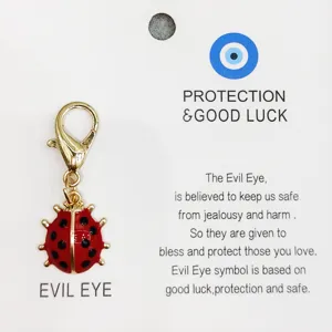 Vue rapprochée détaillée du charmant pendentif coccinelle rouge avec fermoir sur carte.