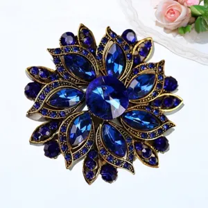 Vintage blue crystal flower brooch antique bronze fashion jewelry for women dress accessory