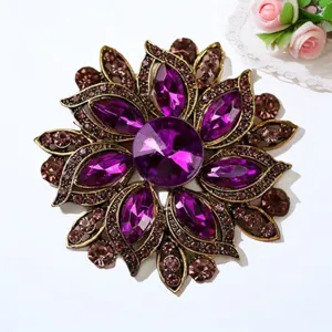 Vintage luxury purple crystal flower brooch pin for women statement coat clothing accessories