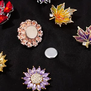 Gedetailleerd overzicht van modieuze strass-magneetbroches en afneembare overhemdkraagaccessoires.