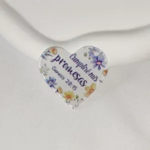 Heart-shaped acrylic pendant DIY keychain accessory with floral print and inspirational text.
