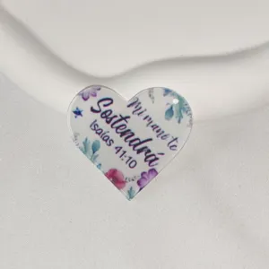 Acrylic heart keychain pendant DIY charm with floral print and spanish bible verse text detail