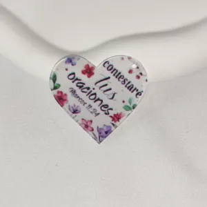 Heart acrylic charm DIY keychain pendant with floral print and religious quote for accessories.