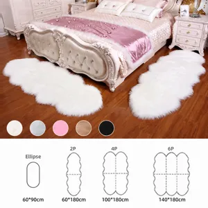 Tableau des tailles détaillé et options de couleur du tapis en fausse fourrure douce pour chambre.