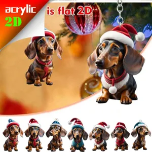 Acrylic Christmas Dachshund Hanging Ornament Printed Double Sided Flat Dog Keychain Car Decor Backpack Pendant Holiday Gift