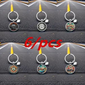 Set de porte-clés cœur en verre Route 66 6pcs, anneau vintage autoroute pour cadeau.