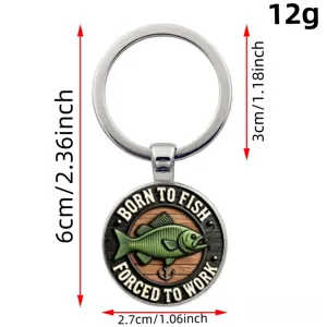 Fishing theme metal glass cabochon keychain, novelty vintage fish design keyring pendant.