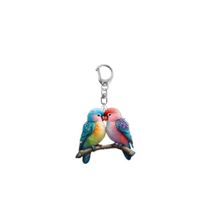 Cute 2D acrylic lovebird keychain cute parrot couple keyring bag pendant charm for daily use.