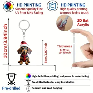 Dachshund Christmas acrylic keychain and car hanging ornament with cute holiday design.