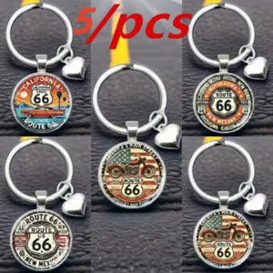 Route 66 porte-clés en verre avec cœur pendentif rétro en métal pour hommes et femmes cadeaux.