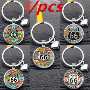 Route 66 cabochon verre metal porte cles lot de 5 pieces vintage coeur cadeau homme