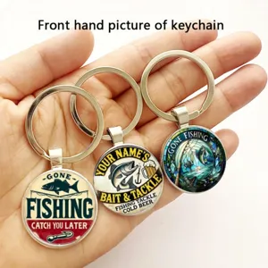 Fishing enthusiast keychain metal time gem glass dome fishing tackle pendant key ring