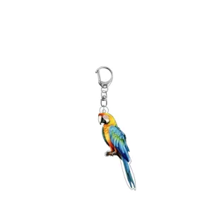 Detailed view of the 2D flat acrylic parrot keychain featuring a colorful macaw bird design.