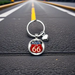 Gros-plan d'un porte-clés vintage Route 66 avec cabochon en verre sur texture sombre.