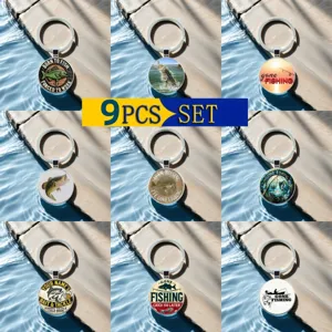 Fishing theme keychain set of 9 pieces, glass cabochon metal key ring fishing gift accessories.