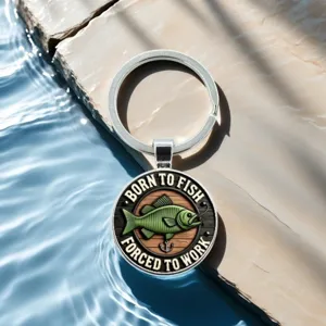 Fishing enthusiast keychain, time gem fish bait key ring, nautical style accessory detail view