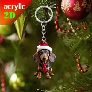 Christmas Dachshund Acrylic Keychain 2D Cute Dog Pendant Xmas Tree Hanging Decoration