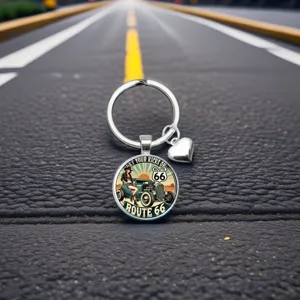 Porte-clés verre Route 66 avec cœur, anneau clé voiture rétro en métal cadeau homme femme.