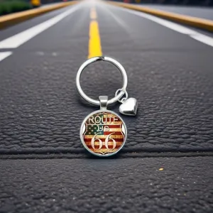 Porte-clés Route 66 pendentif dôme en verre cœur anneau en métal cadeau pour hommes femmes