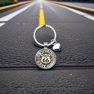 Porte-cles en metal dore avec cabochon en verre Route 66 et charm coeur, cadeau retro.