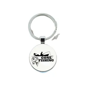 Fishing themed keychain with time gem glass cabochon, metal ring pendant for outdoor fans.