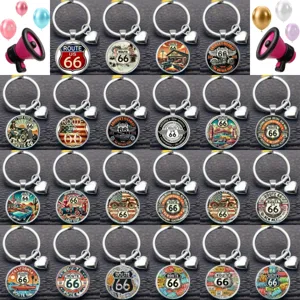 Porte-clés Rétro Route 66 Métal Verre Pendentif Cœur Classique American Highway Anneau Unique Unisexe Souvenir Cadeau