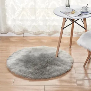 Grauer runder Kunstwoll Flausch Teppich weiche Shaggy Fussmatte Schlafzimmer Winter Matte