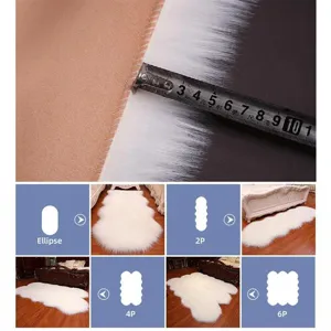Detail de tapis en fausse fourrure avec poil blanc et formes irregulieres pour chambre.