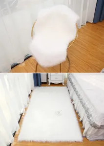 White faux fur fluffy area rug, soft plush floor mat for bedroom bedside and home decor detail.