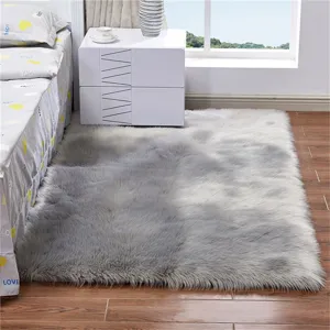 Modern minimalist faux wool fluffy area rug for bedroom bedside and living room floor decor.