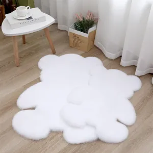 Detail shot of fluffy white bear rug in a cozy room, soft plush material, ideal for home decor.