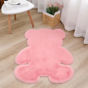 Cute pink bear shaped fluffy rug for bedroom bedside floor mat, soft plush home decor.