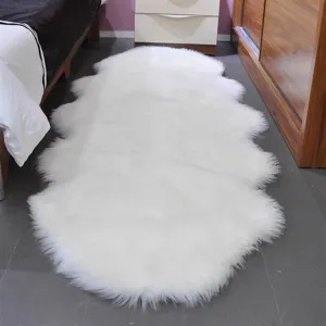 White faux sheepskin rug for bedroom bedside, soft long plush floor mat detail view.