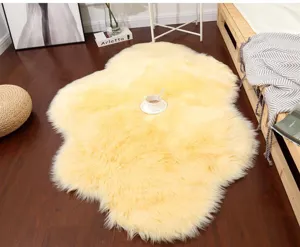 Fluffy faux fur cloud rug, soft irregular plush floor mat for living room and cozy bedroom decor.