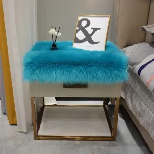 Blue faux fur fluffy bedside table mat thick plush desk cushion for bedroom decor and chic display