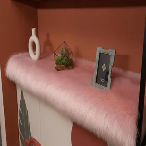 Thickened faux wool plush mat for nightstand desk table and coffee table decor pink.
