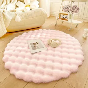 Pink Fluffy Round Rug Faux Rabbit Fur Carpet Aesthetic Bubble Mat for Living Room Bedroom