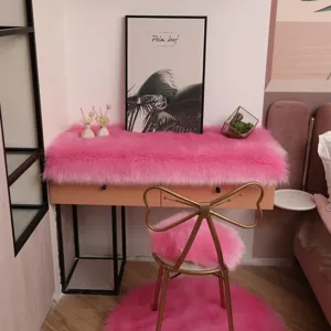 Thick faux wool fluffy desk mat bedroom bedside table cover pink plush cushion details view