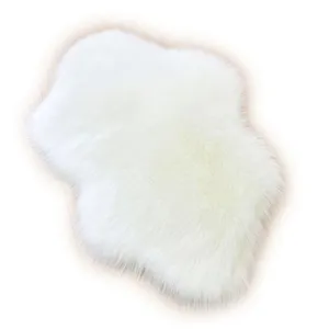 Fluffy white faux fur rug for bedroom and living room, soft cozy irregular floor carpet.