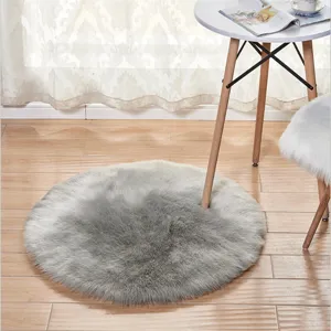 Grey round faux wool rug fluffy plush floor mat for bedroom living room modern decor