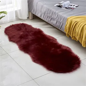 Faux wool plush rug, burgundy bedside carpet, soft fluffy floor mat for bedroom or living room.