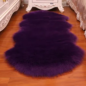 Luxurious purple faux sheepskin plush rug for cozy bedroom living room floor decor.