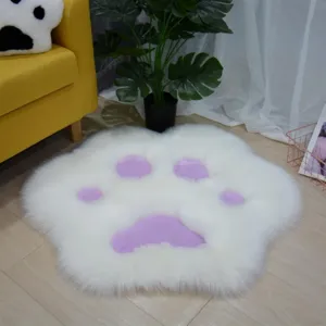 Fluffy cat paw plush area rug, cute white and purple fluffy floor mat for bedroom or living