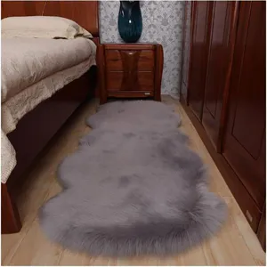 Grey faux sheepskin rug detail showing soft plush texture for bedroom bedside floor mat.